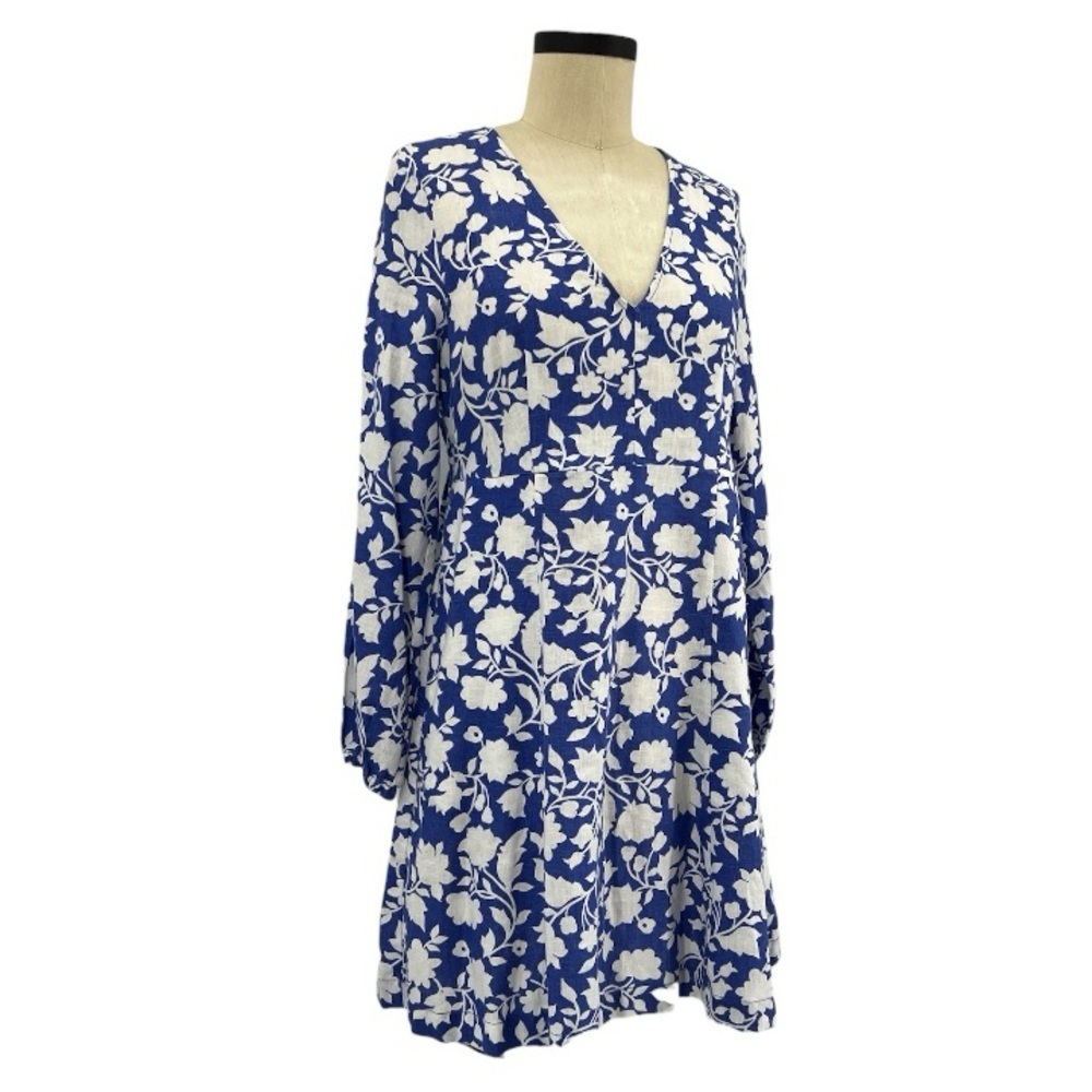 Boden Linen Floral Babydoll Cottagecore VNeck Puff Sleeve Dress Blue & White 8